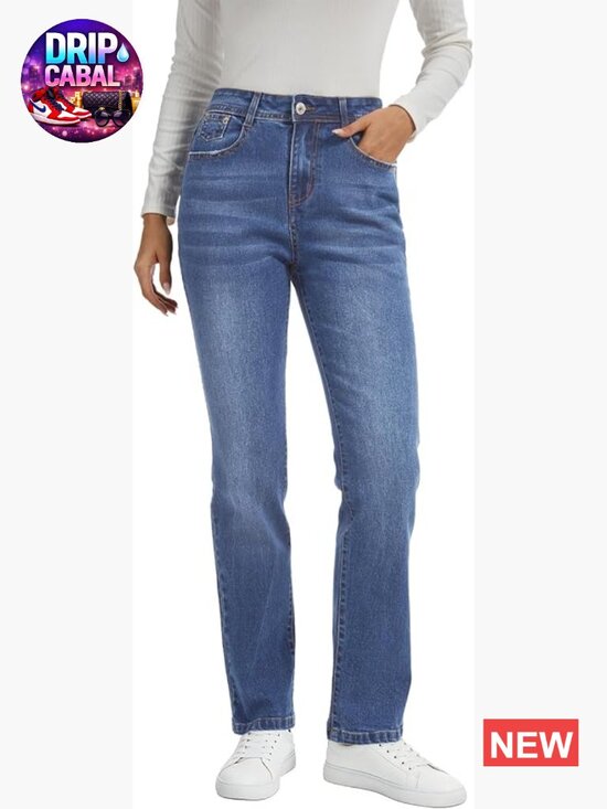 Denim - Mid Rise Straight Leg Stretchy Denim Jeans Casual Classic